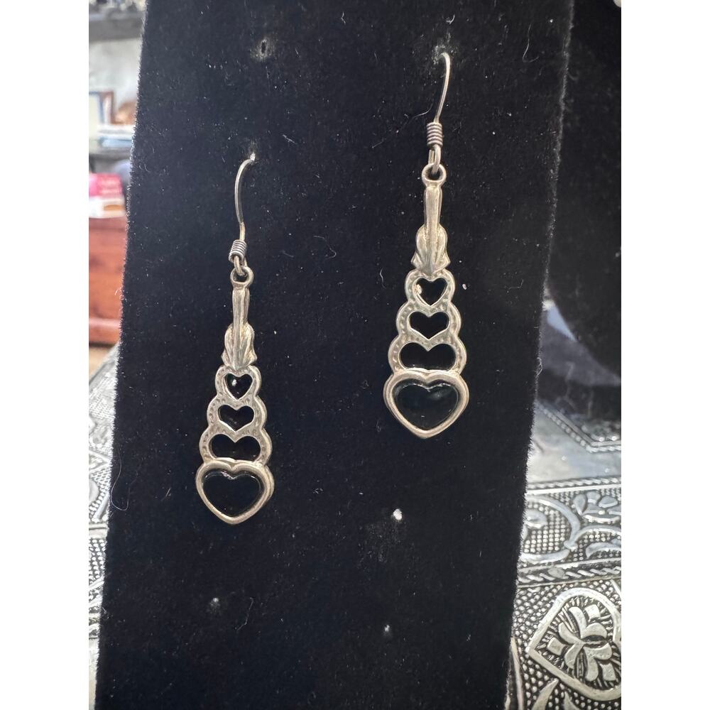 Vintage 925 Sterling Silver Heart Dangle Earrings